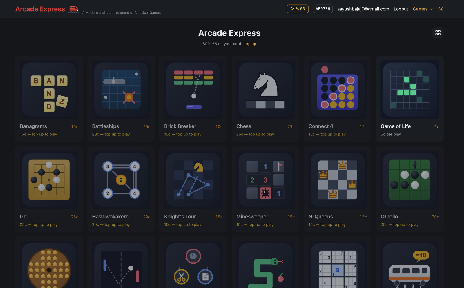The catalogue, in its densest view. Each tile carries its price; anything the card cannot cover is dimmed but still clickable, because the server is the authority on what you can afford, not the browser.