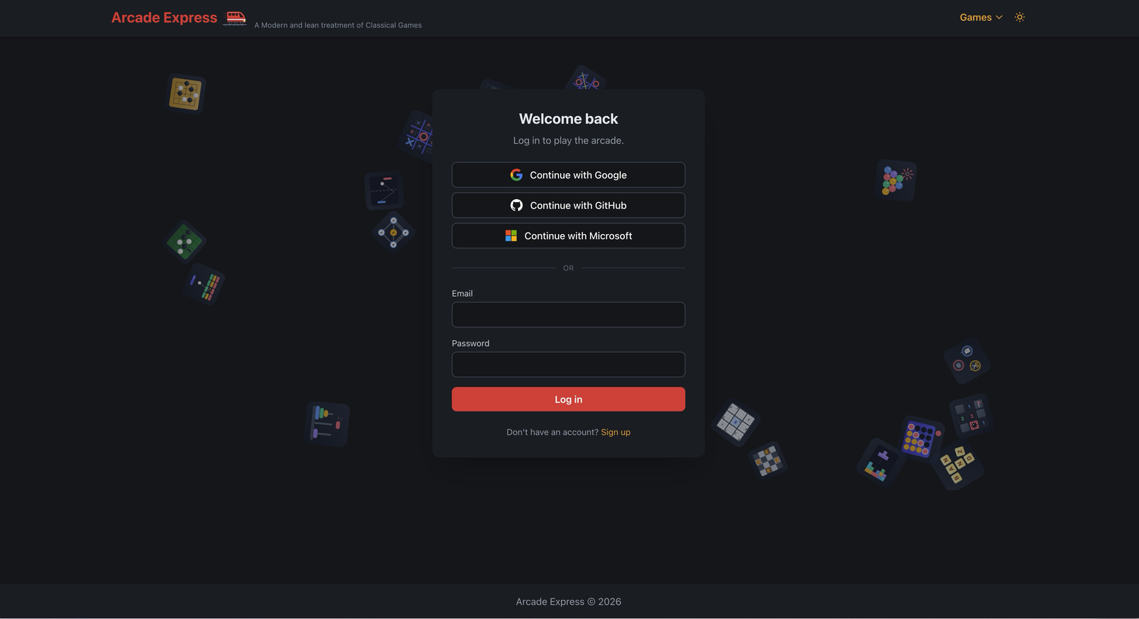 Signing in. The game icons drift, flee the cursor and collide; click one and it pops.