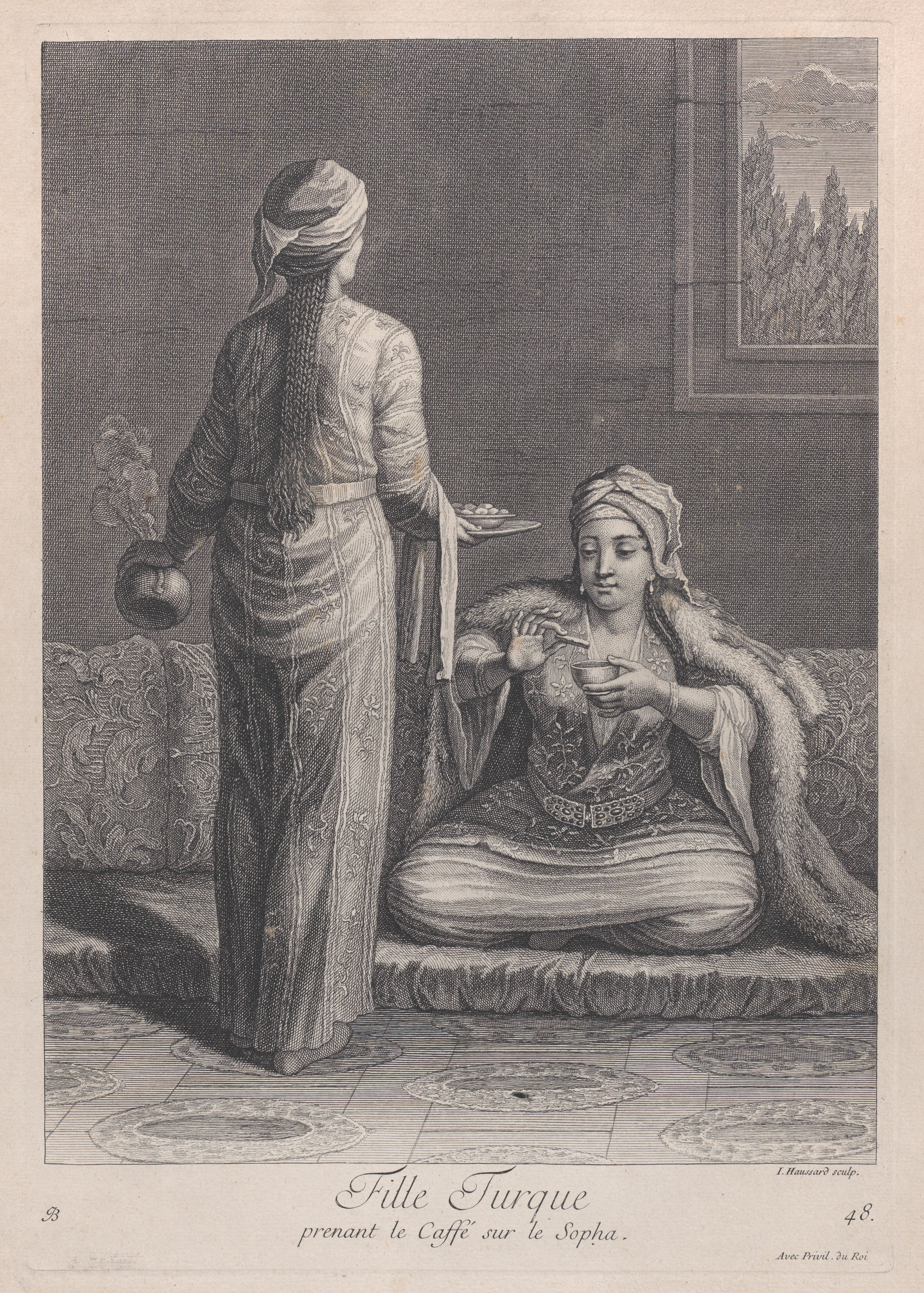 Fille Turque, prenant le Caffe sur le Sopha (Turkish girl taking coffee), after Jean Baptiste Vanmour, 1714&ndash;15