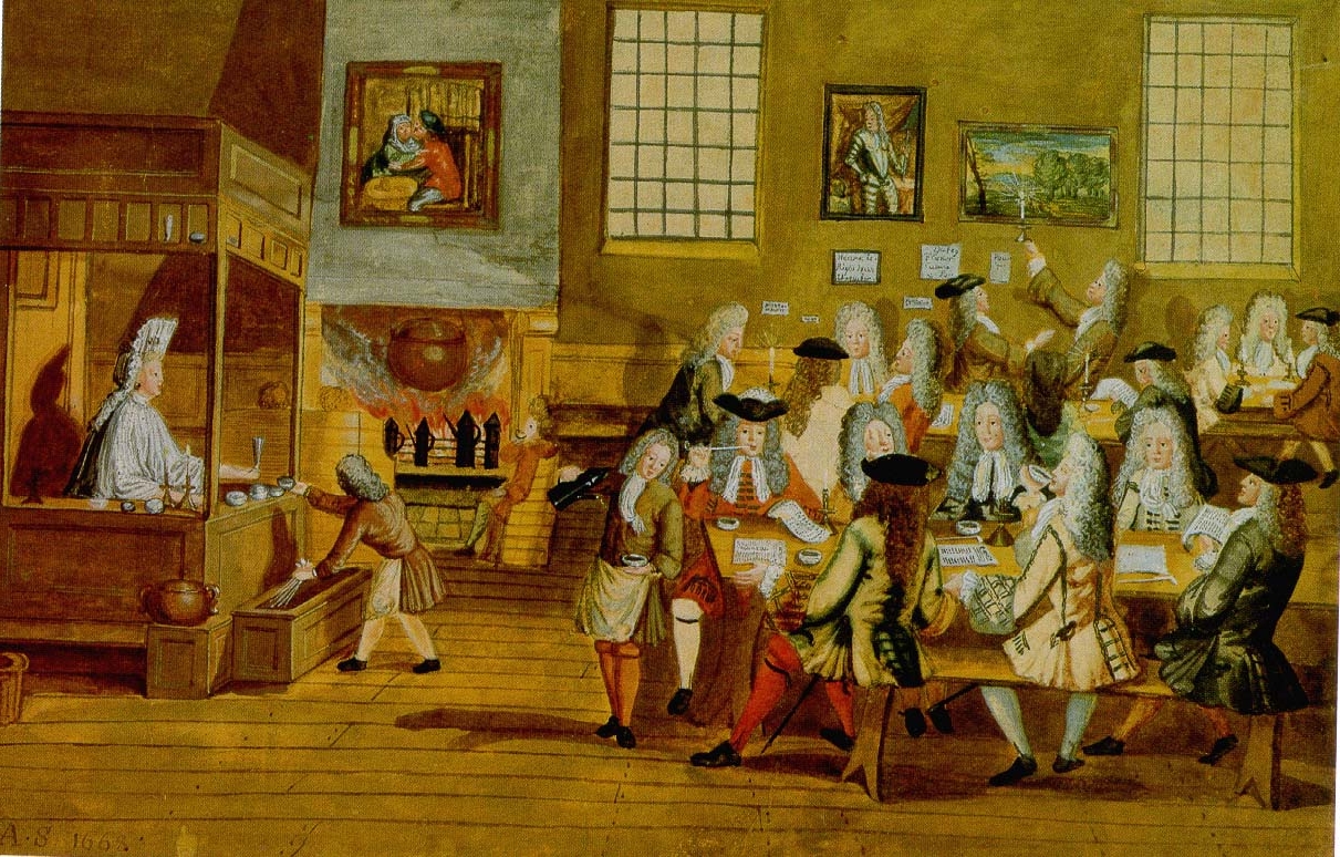 Interior of a London coffeehouse, 17th century