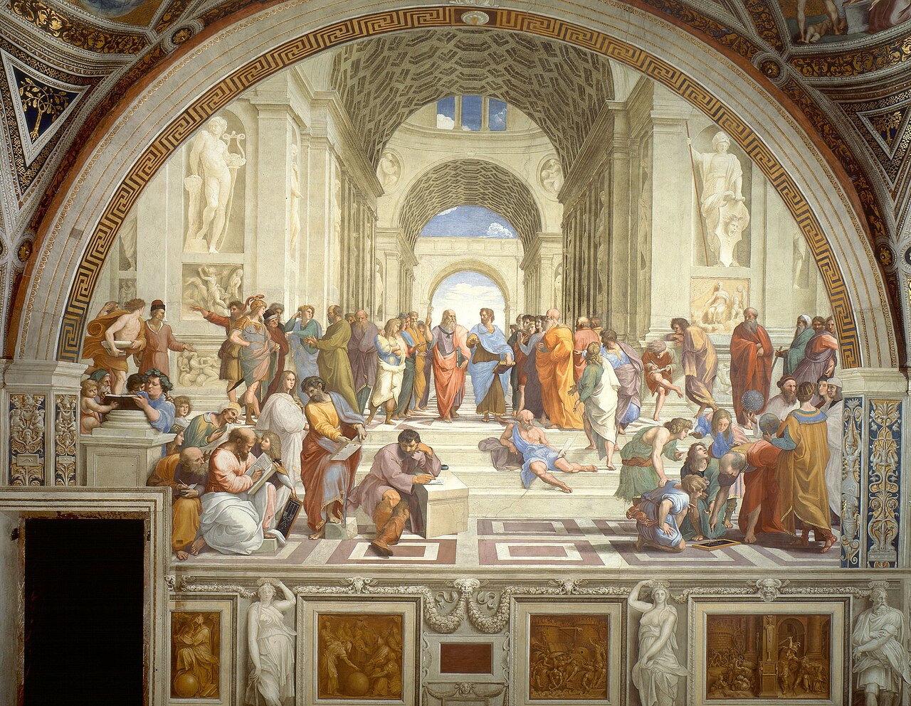 Raphael, The School of Athens (1509–11). Plato points up, Aristotle levels his palm at the world — and the whole scene exists because an ugly man in a cheap cloak asked stonecutters annoying questions. Socrates is there too, olive-clad on the left, counting off an argument on his fingers.
