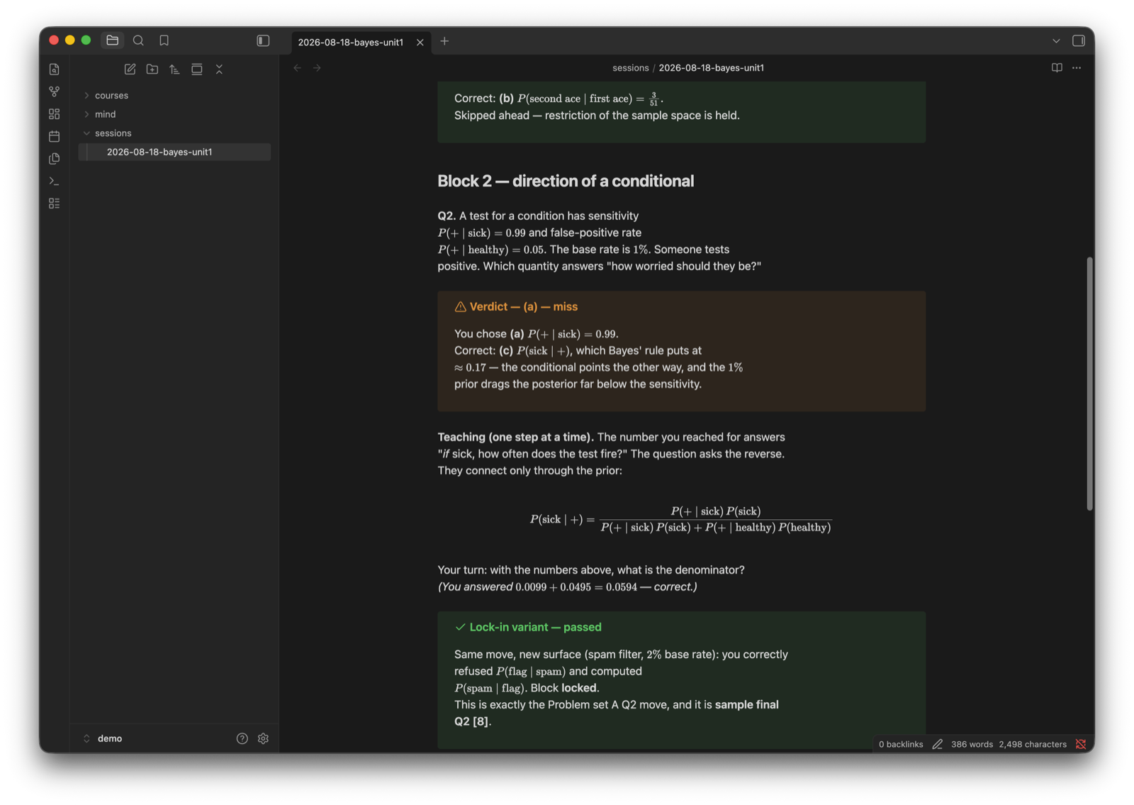 A live session in the reference renderer: the dependency graph with progress and ETA, a callout verdict, and a checkbox question waiting on a click.